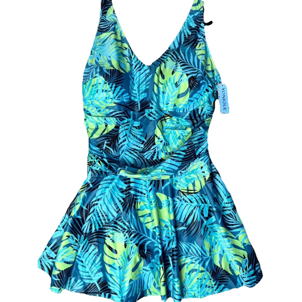 Yonique Swimdress One Piece‎ Swimsuit Womens 18W Blue Tropical Print Beachwear